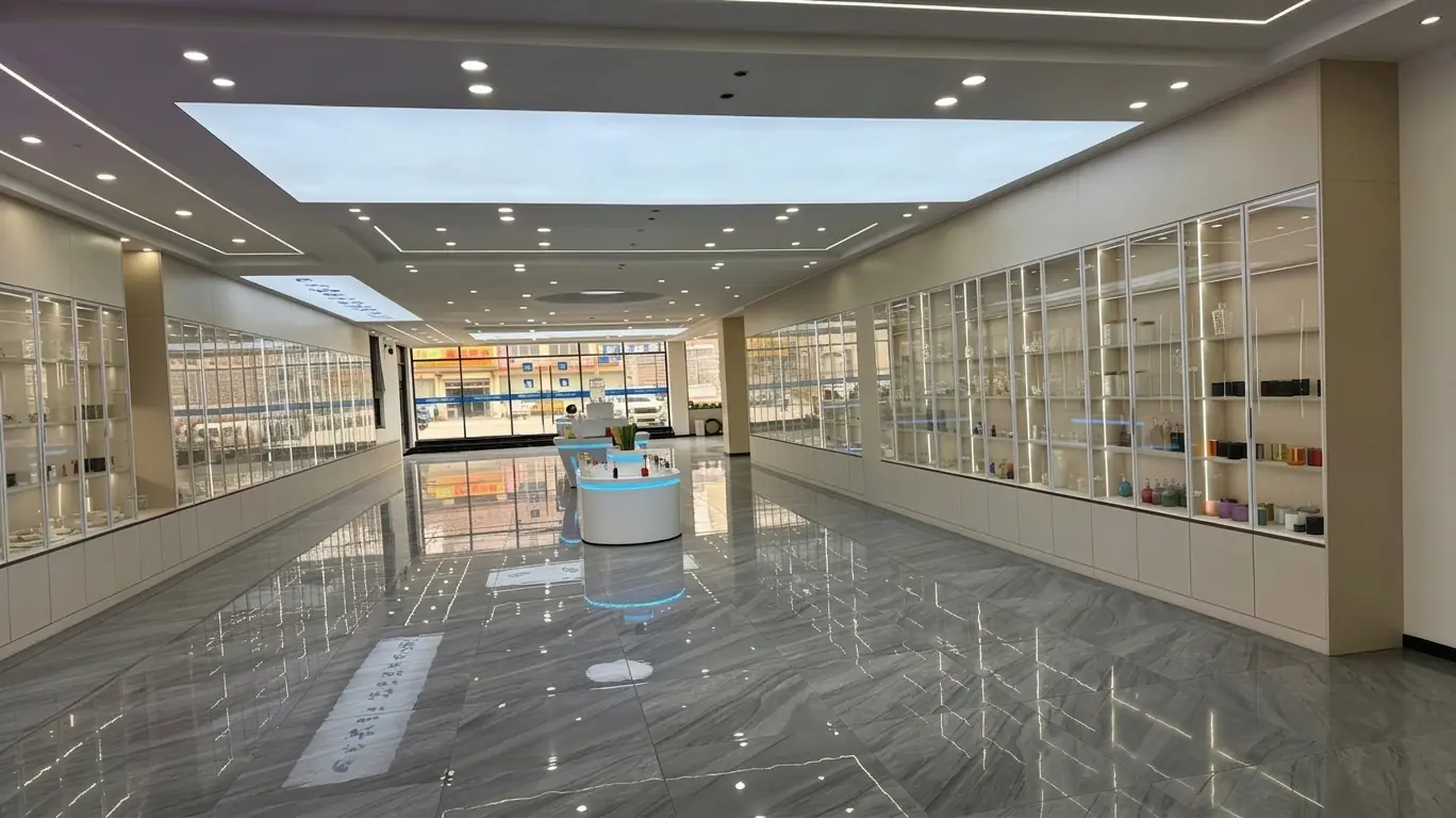 Panoramic view of the HangoTech glass product showroom