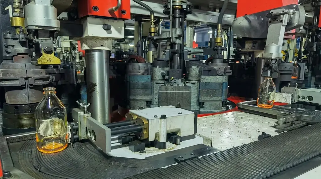 Close-up of glass containers at the forming machine