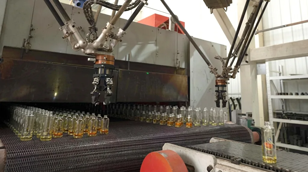 Robotic arm handling glass bottles during production