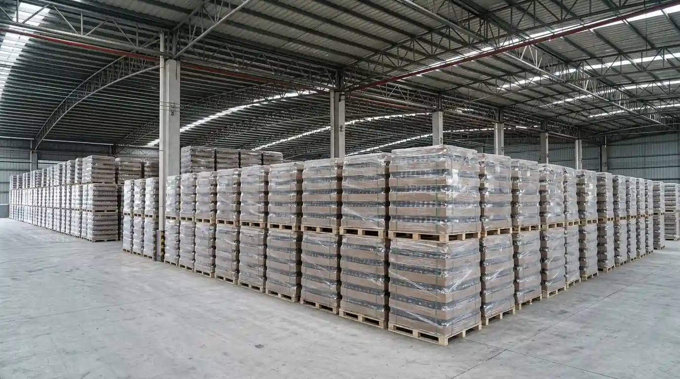 Finished glass goods arranged on pallets in the warehouse